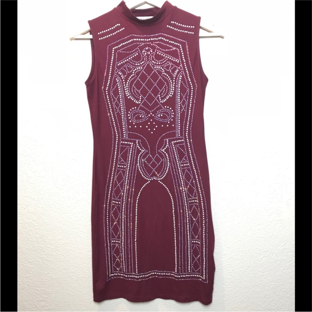 New Say What? Small Maroon Silver Iridescent Studded Sleeveless Bodycon Dress